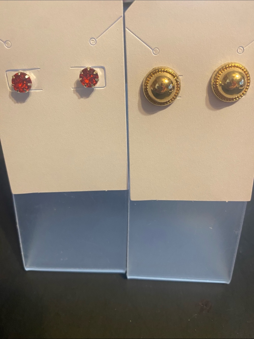 Gold Round Button Stud Earrings & Red Crystal Stud Set